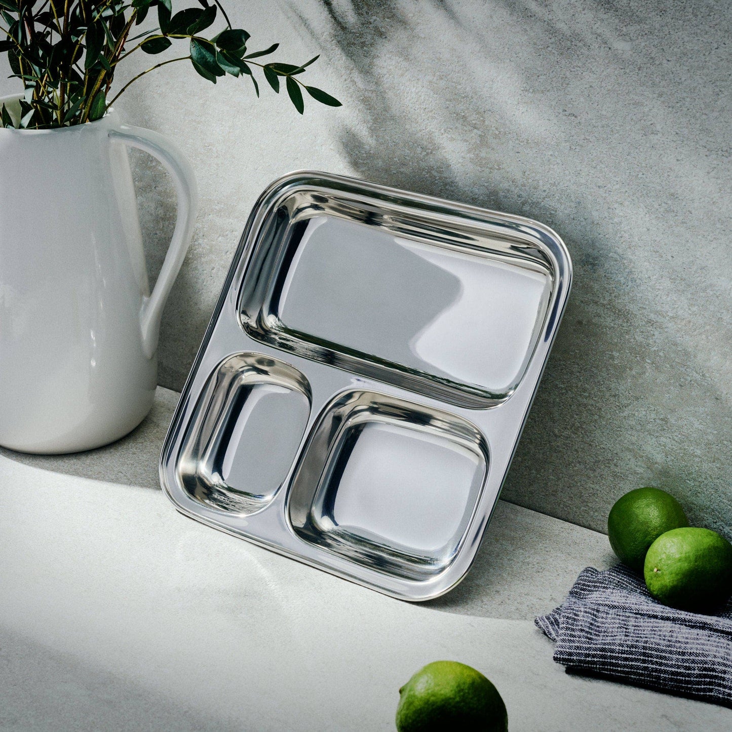 Assiette rectangulaire à trois compartiments - acier inoxydable