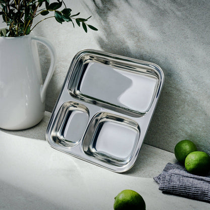 Assiette rectangulaire à trois compartiments - acier inoxydable