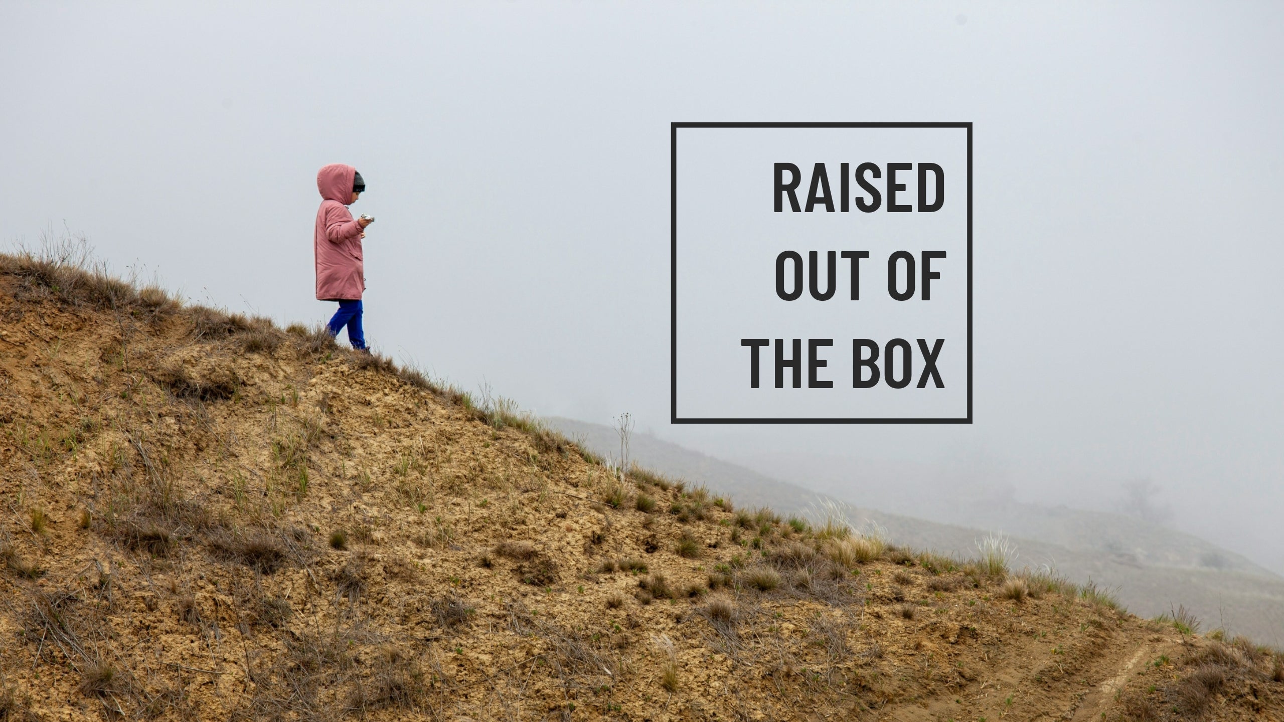 Toddler walking in the mountains on a foggy day.